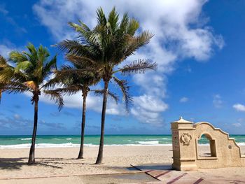 Palm trees on beach against sky