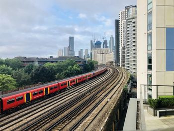 Railroad tracks amidst buildings in city against sky