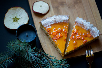 Close-up of dessert on cutting board