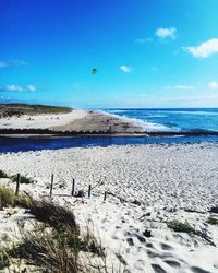 Scenic view of beach against blue sky