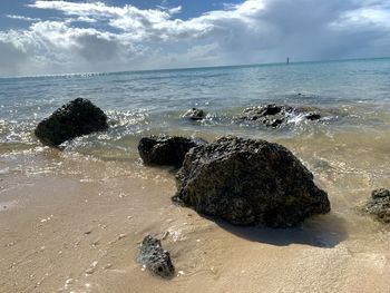 Scenic view of rocks on beach against sky
