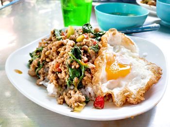 High angle view of breakfast served on table
