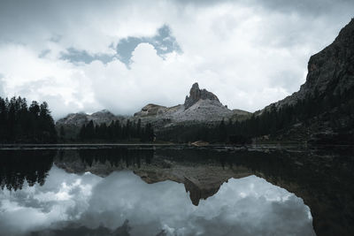 Scenic view of lake and mountains against sky