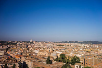 High angle shot of townscape against clear blue sky