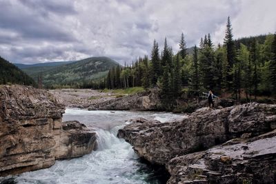 Scenic view of river flowing through rocks in forest