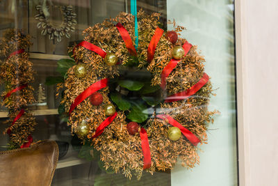 Close-up of christmas decorations on plant