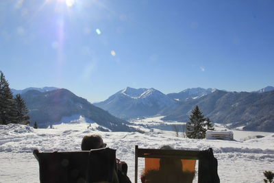 Scenic view of mountains against sky during winter