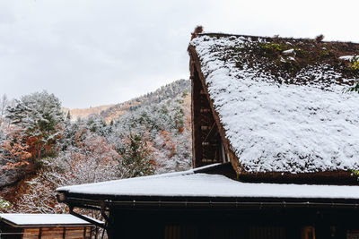 House on snow covered roof against sky