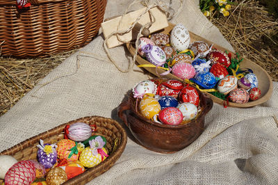 High angle view of fruits in basket on table