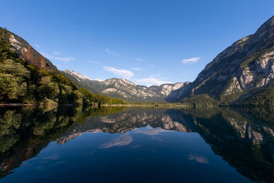 Scenic view of lake and mountains against blue sky