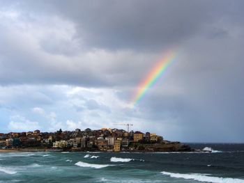 Rainbow over sea against cloudy sky