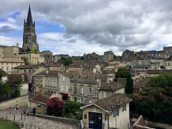 Saint emilion, france. panorama view of the medieval town. steeple of the main cathedral. 