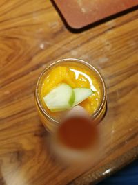 High angle view of drink on table