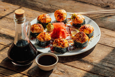 High angle view of food served on table
