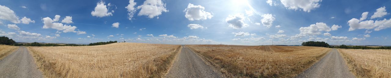 Panoramic view of agricultural field against sky