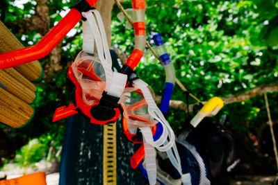 Close-up of multi colored decorations hanging on tree