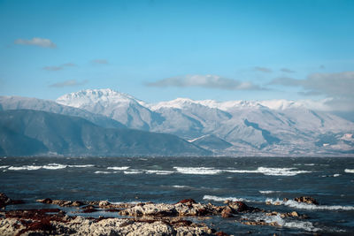 Scenic view of snowcapped mountains against sky