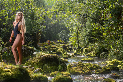 Woman standing on rock by river against trees in forest