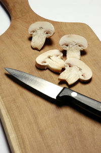 High angle view of mushrooms on table