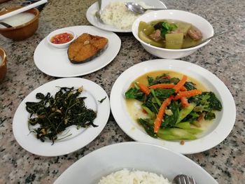 High angle view of fish served on table