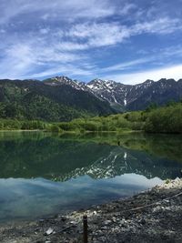Scenic view of lake by mountains against sky