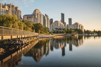 Reflection of buildings on river in city