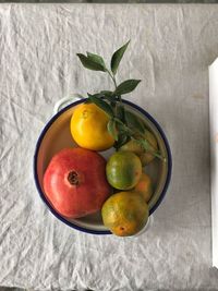 High angle view of fruits in bowl on table