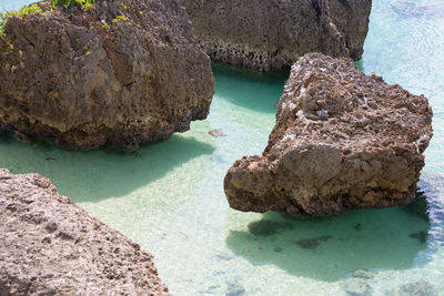 High angle view of rock formation in sea