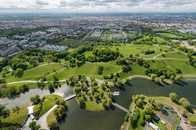 Aerial view of cityscape and landscape