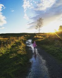 Rear view of woman walking on road amidst field against sky during sunset