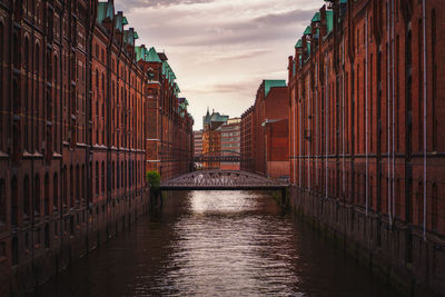 Canal amidst buildings against sky during sunset