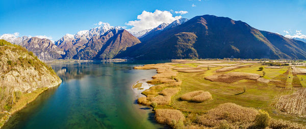 Scenic view of lake and mountains against sky