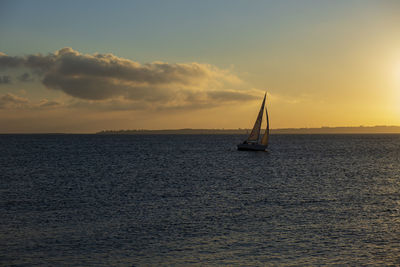 Sailboat sailing on sea against sky during sunset