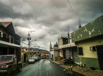 Cars on road by houses against dramatic sky