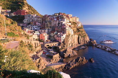 High angle view of city at seaside