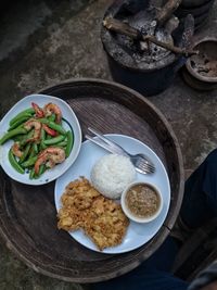 High angle view of meal served on table