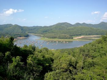 Scenic view of lake in forest against sky