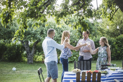 Happy friends clinking wine glass while standing in backyard during weekend party