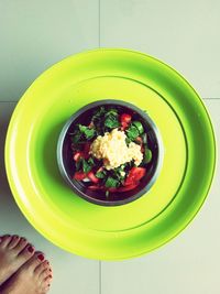 High angle view of breakfast served on table