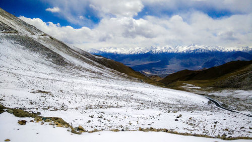 Scenic view of snowcapped mountains against sky