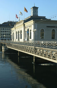 Bridge over river with buildings in background