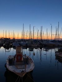 Sailboats in marina at sunset