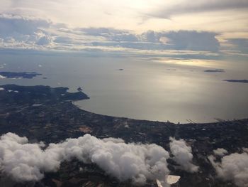 High angle view of sea against sky during sunset