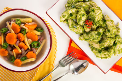 High angle view of salad in plate on table