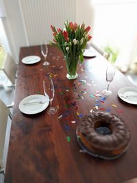 High angle view of donuts on table