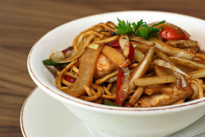 Close-up of noodles in bowl on table