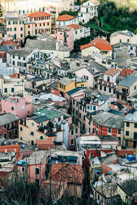 High angle view of houses in town