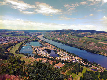 View on river mosel, lake triolago and village riol vom hiking-trail moselsteig.