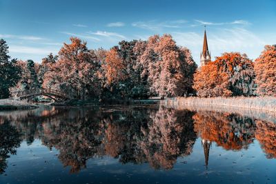 Reflection of trees in lake against sky during autumn