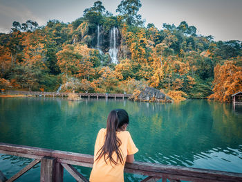 Rear view of woman looking at lake against trees